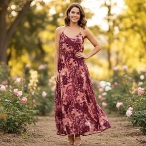 Charlotte Russe Floral Maxi Dress Women's Size M Pink Maroon Gold Romantic Event